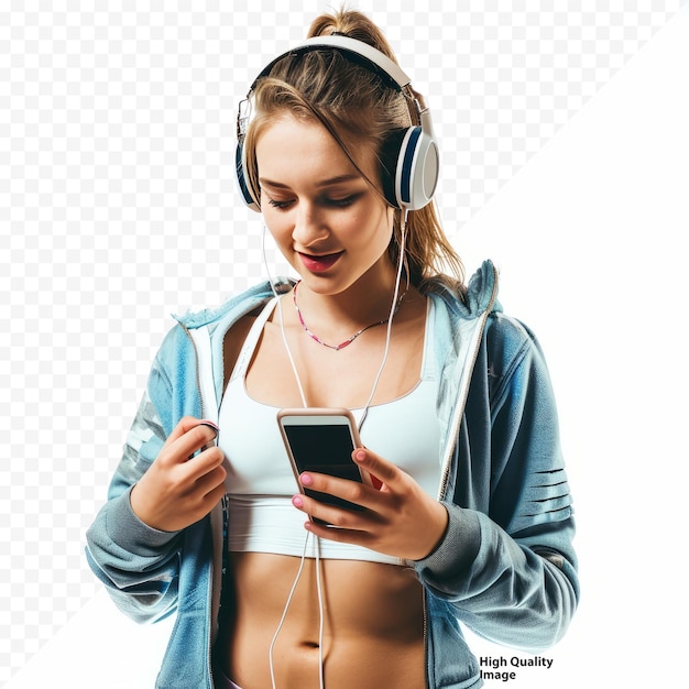 Jovem mulher caucasiana usando fones de ouvido e roupa esportiva ouvindo música no telefone isolada em fundo isolado brilhante