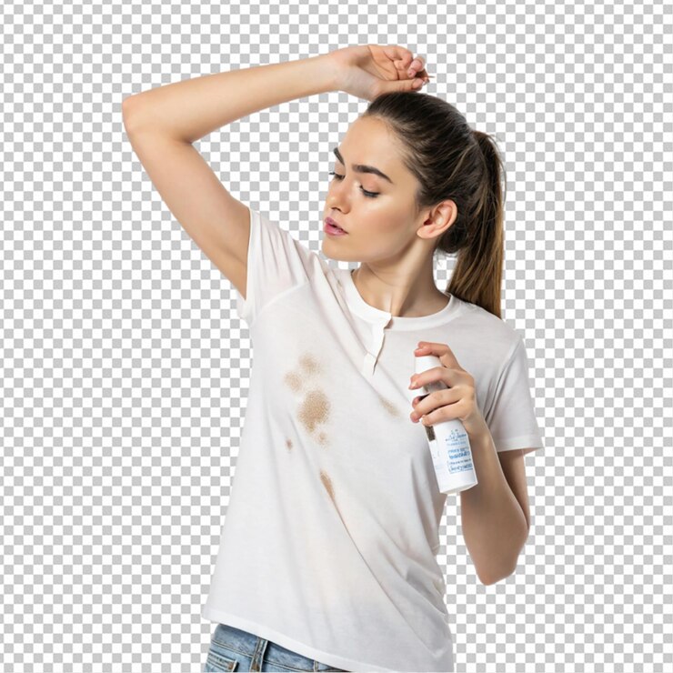 PSD jovem mulher com mancha de suor em suas roupas contra png