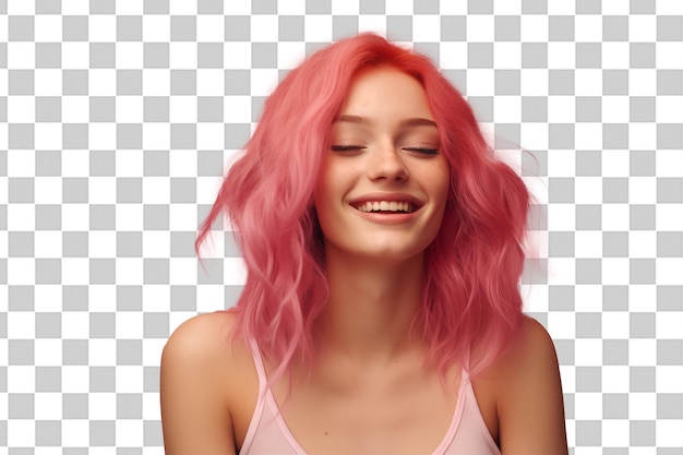 PSD jovem mulher de cabelos cor-de-rosa em fundo isolado de chave de croma