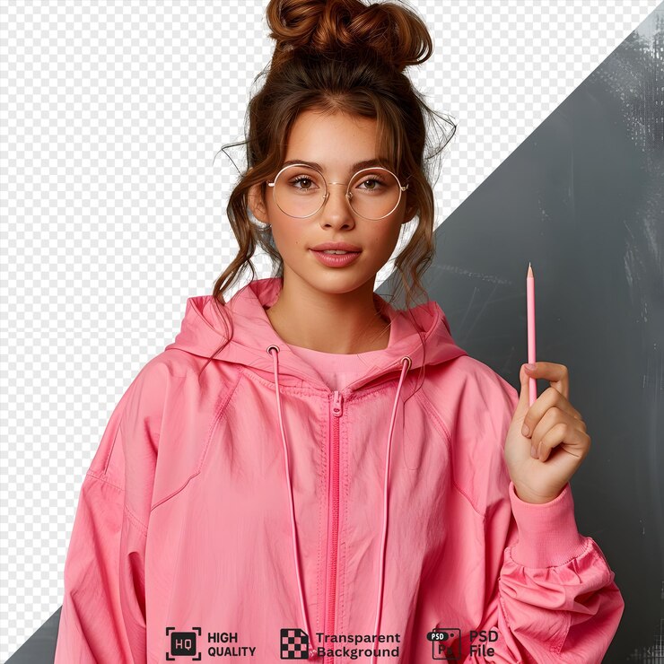 PSD jovem mulher de capuz rosa segurando um lápis olhando para a câmera com uma expressão pensativa isolada em um fundo transparente