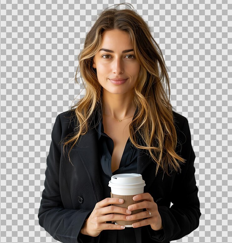 Jovem mulher de negócios caucasiana segurando uma tampa de café em um fundo transparente