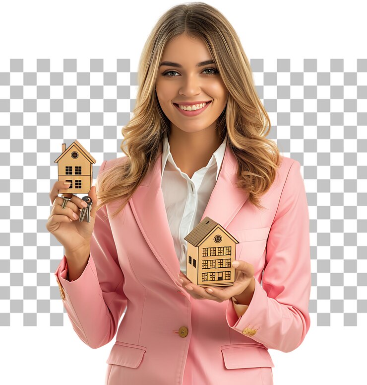 PSD jovem mulher de negócios feliz em terno rosa dando chaves de casa modelo e sorrindo em fundo transparente isolado