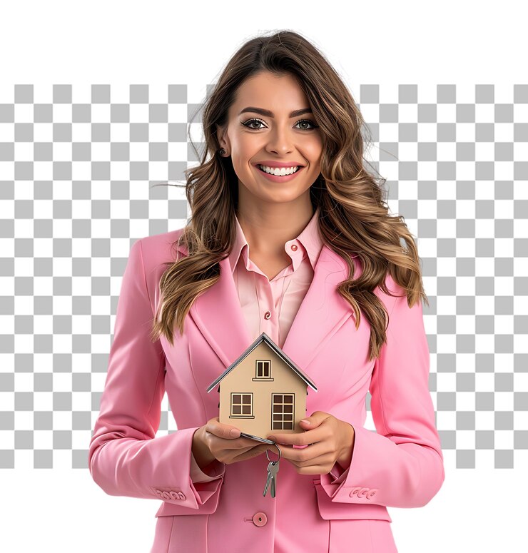 PSD jovem mulher de negócios feliz em terno rosa dando chaves de casa modelo e sorrindo em fundo transparente isolado