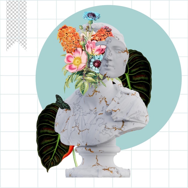 Jovem mulher estátuas 3D renderiza colagem com pétalas de flores composições para o seu trabalho