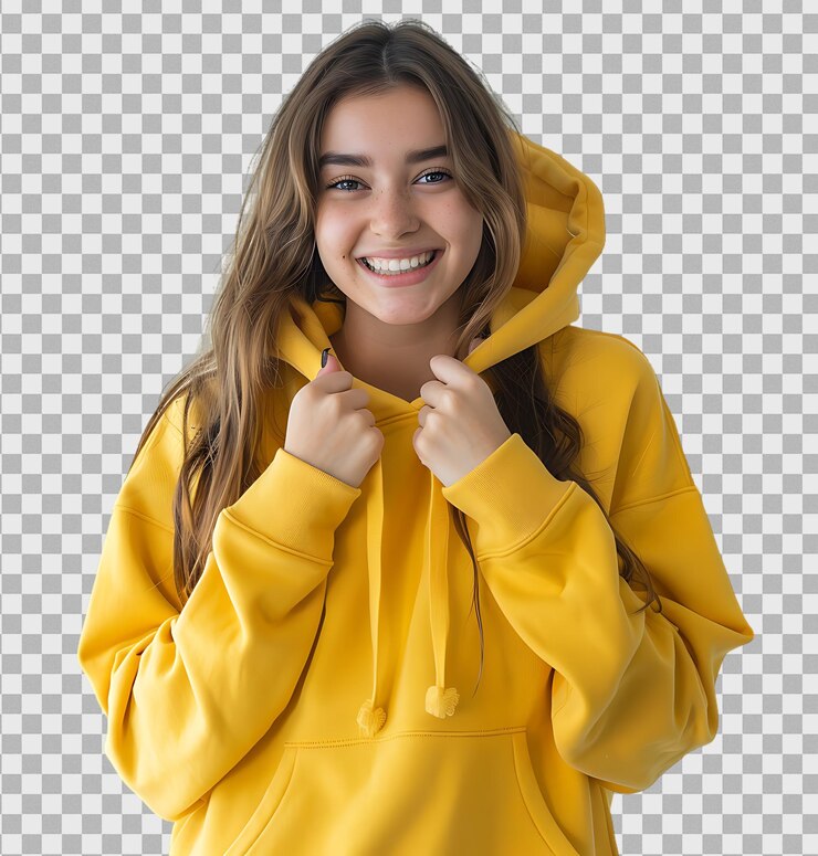 Jovem mulher feliz com capuz amarelo em um fundo transparente