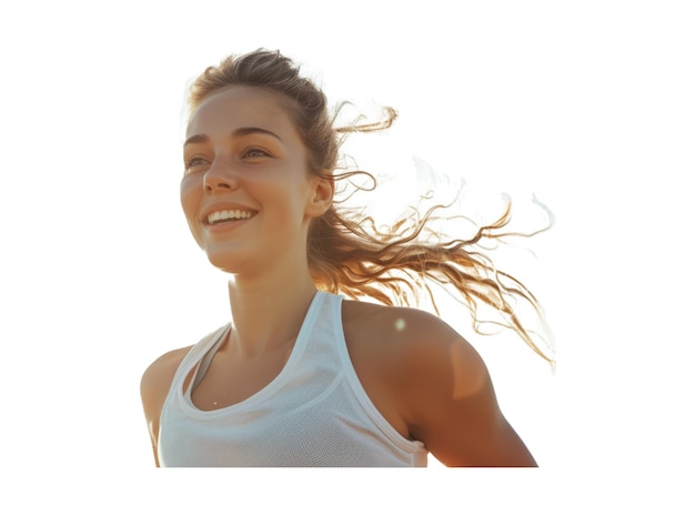 Jovem mulher saudável, corredora, feliz, sorridente, a correr.