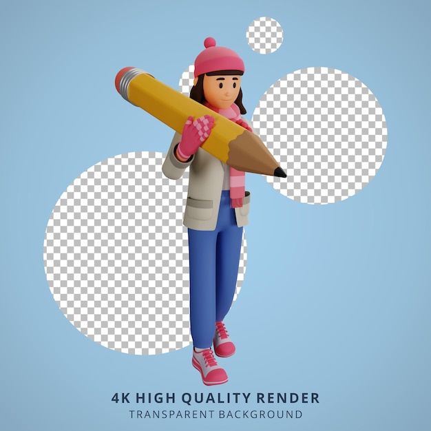 PSD jovem mulher segurando um lápis grande ilustração de personagem de desenho animado em 3d