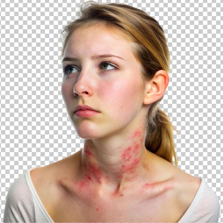 PSD jovem mulher tem erupção cutânea com comichão no pescoço em fundo transparente