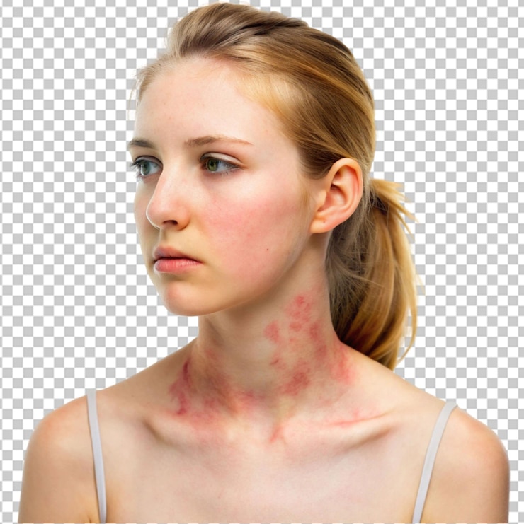 PSD jovem mulher tem erupção cutânea com comichão no pescoço em fundo transparente