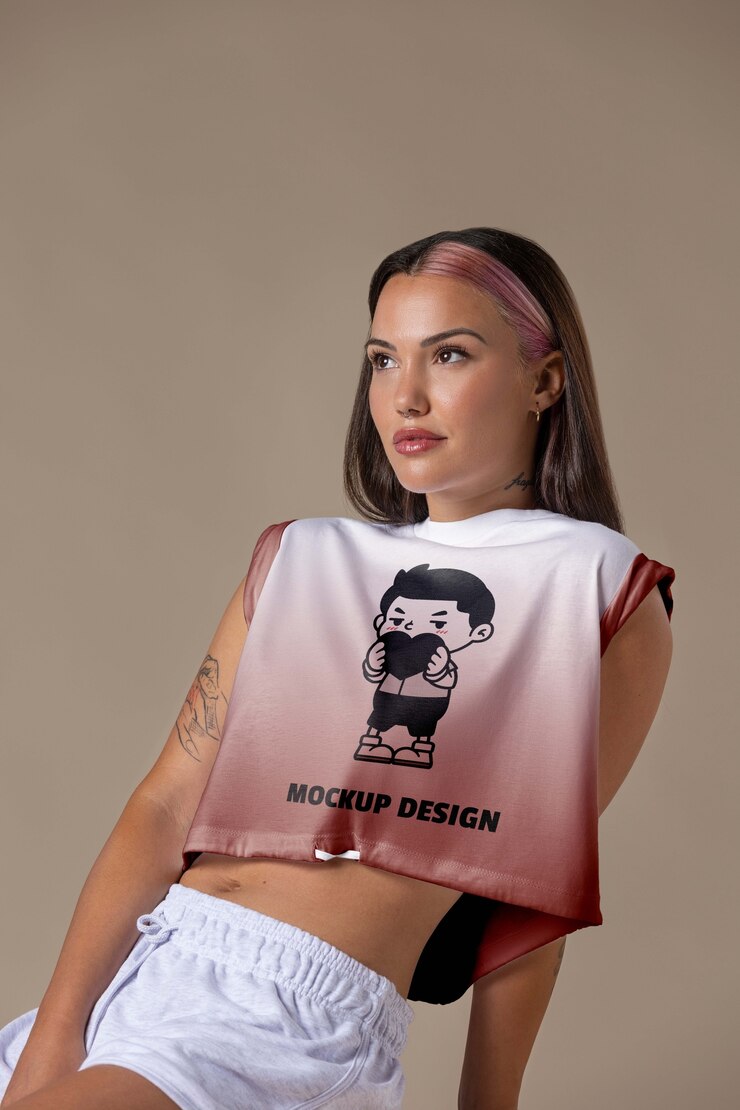 Jovem mulher vestindo um top de colheita mock-up