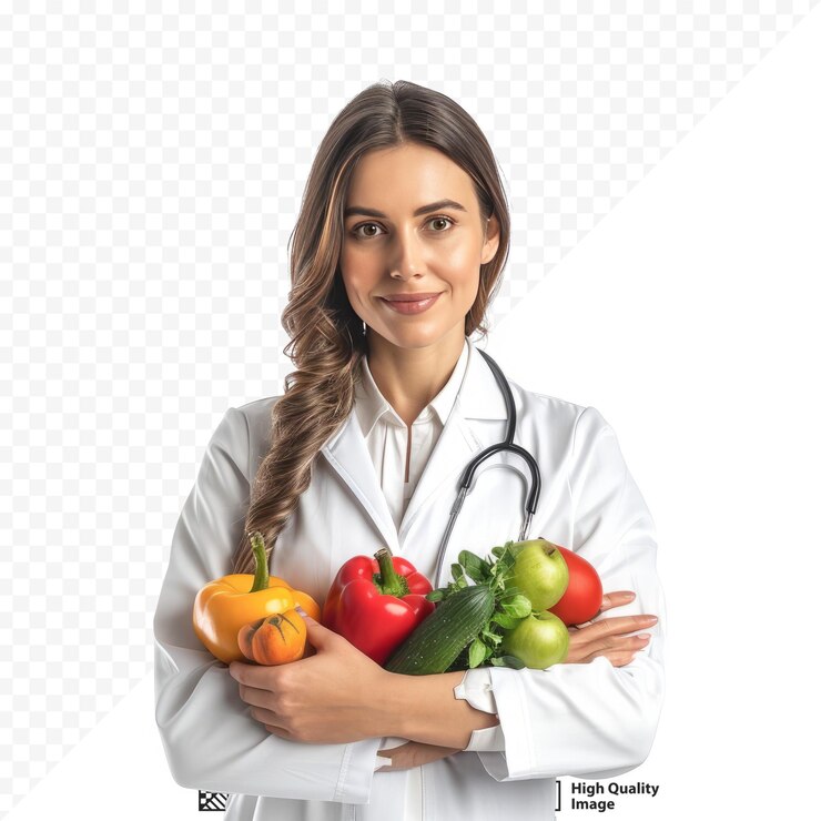Jovem nutricionista de fundo branco isolado