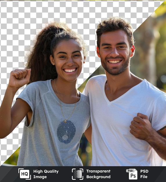 PSD jovem premium sorridente felizes amigos divertidos casal dois amigos homem de família mulher usar roupas casuais olhando para a câmera dando punho bumo juntos s