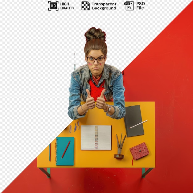 PSD jovem professora de óculos sentada mesa com ferramentas escolares sala de aula com parede vermelha e laranja óculos pretos cabelo castanho e uma cadeira vermelha
