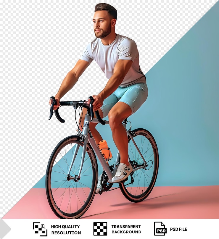 PSD jovem psd ativo desfrutando de seu treino de ciclismo em sua bicicleta vestindo uma camisa branca e calções azuis com uma roda preta visível em primeiro plano e uma sombra rosa lançada atrás dele png