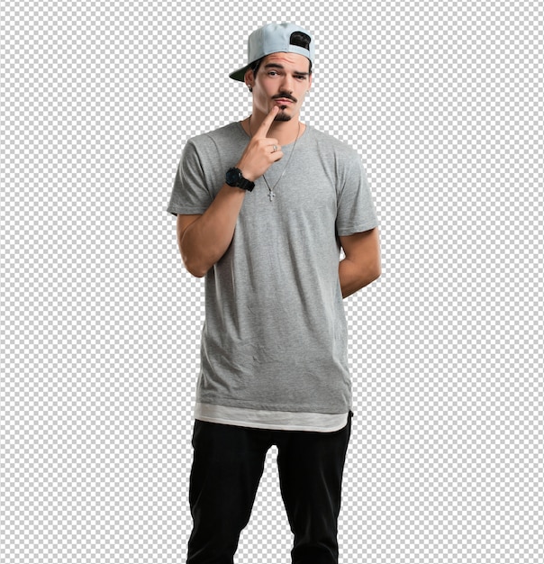 Jovem rapper duvidando e confuso, pensando em uma ideia ou preocupado com algo