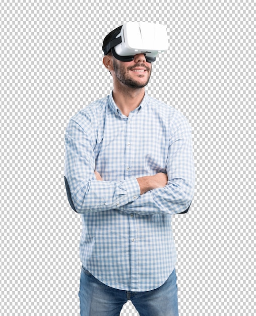 PSD jovem satisfeito usando óculos de realidade virtual