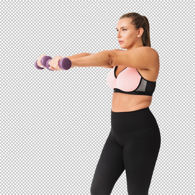 Jovem senhora gorda em top esportivo e leggings fazendo exercícios com halteres enquanto sonhadoramente olhando de lado sobre fundo branco