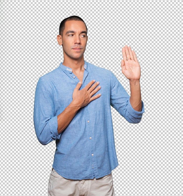 PSD jovem sério com um gesto de juramento