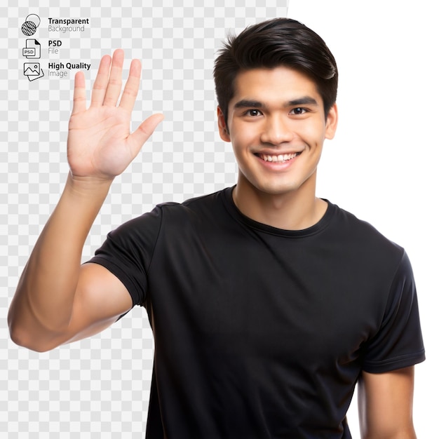 PSD jovem sorridente de camiseta preta cumprimentando com uma onda contra um fundo transparente