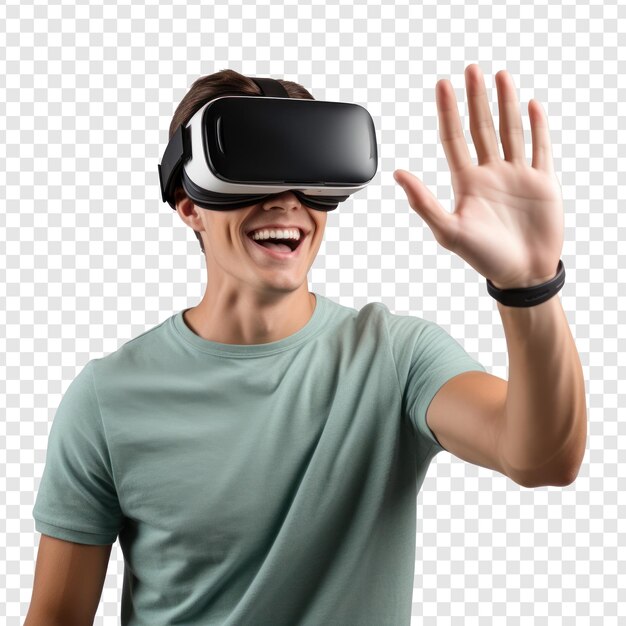 PSD jovem sorridente usando fone de ouvido de realidade virtual isolado em fundo de transparência psd