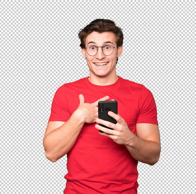 Jovem surpreso usando seu telefone celular