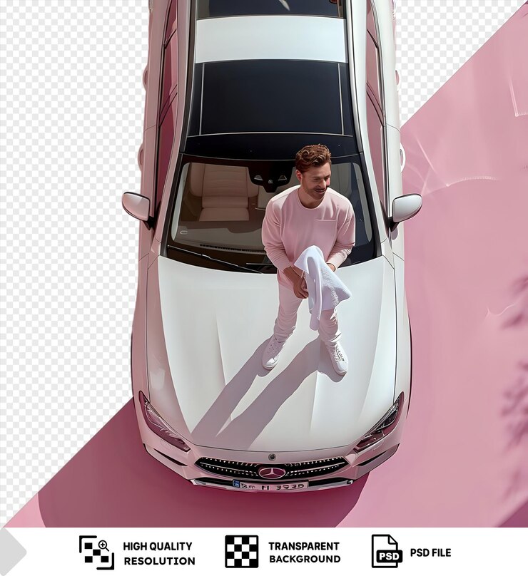 PSD jovem transparente confiante com toalha perto do carro vestindo camisa rosa e calças brancas com cabelo castanho curto e uma sombra rosa no fundo png