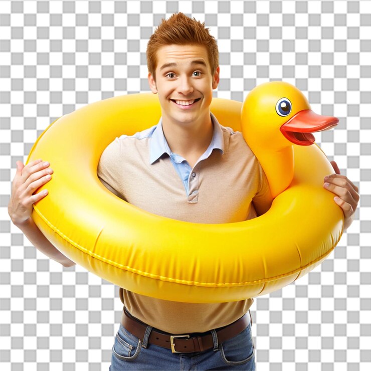 PSD jovem viajante carregando anel de pato inflável isolado em fundo transparente