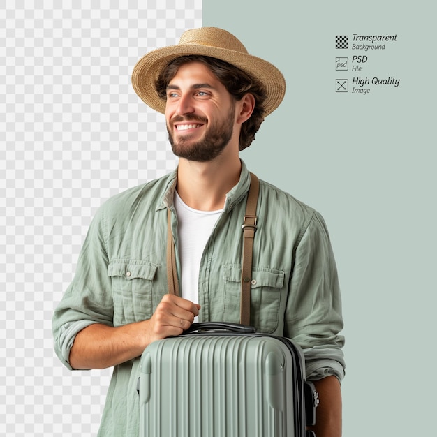 Jovem viajante feliz com uma mala em um fundo branco
