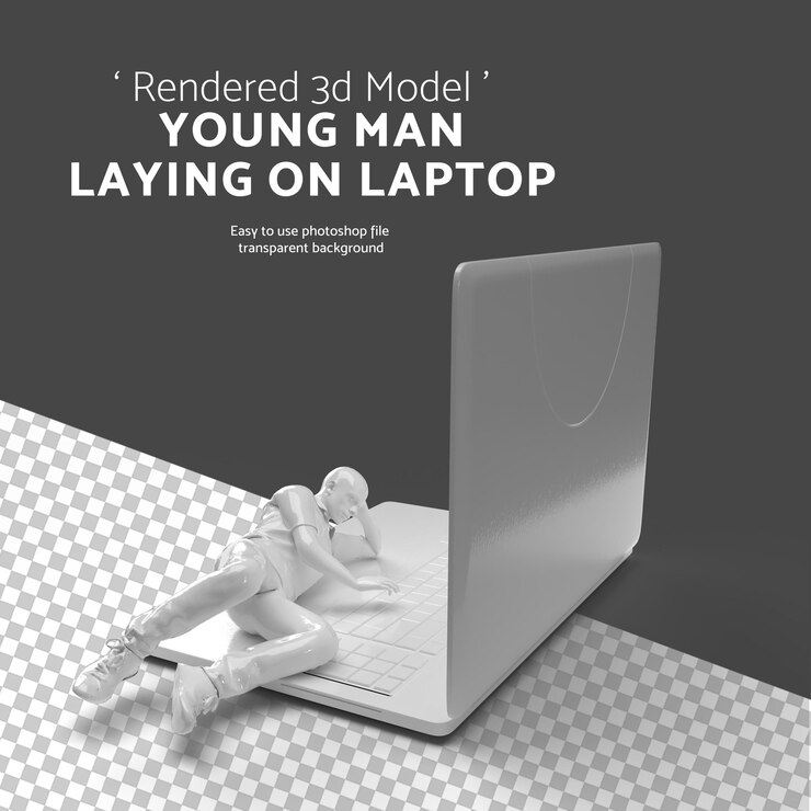 PSD joven acostado en una computadora portátil renderizado modelo 3d