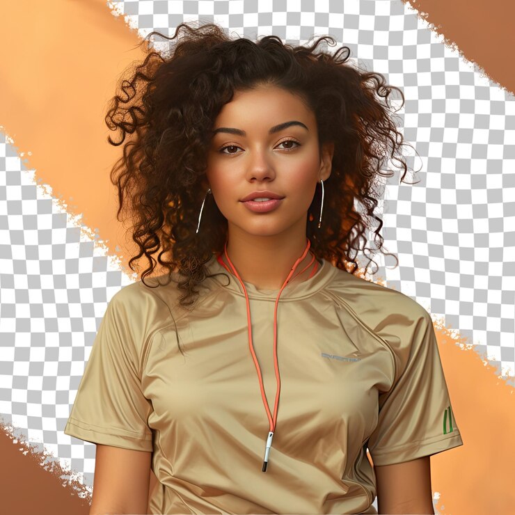 PSD una joven adulta ansiosa con el cabello retorcido de la etnia hispana vestida con ropa de jogging en el parque posa con los ojos caídos con un estilo de sonrisa contra un fondo beige pastel