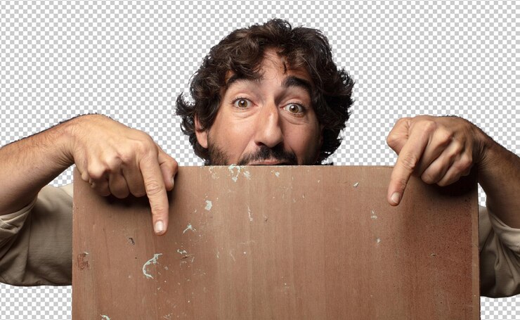 PSD joven adulto barbudo con un espacio de copia de madera