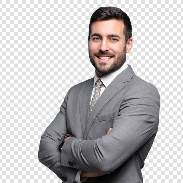 Joven adulto hombre de negocios guapo sonriendo a la cámara con los brazos cruzados y un feliz