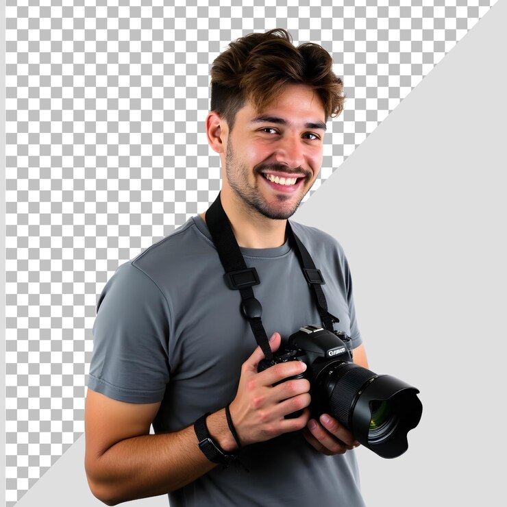 PSD joven adulto con su cámara fotógrafo profesional