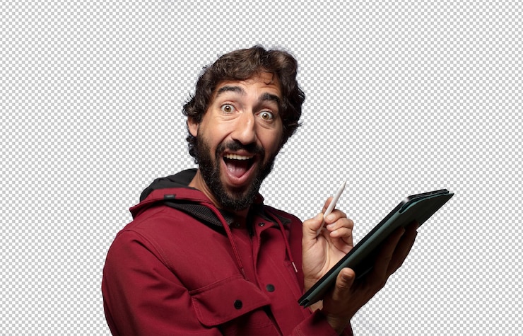 PSD joven adulto usando una tableta con pantalla táctil