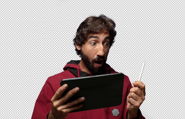 PSD joven adulto usando una tableta con pantalla táctil