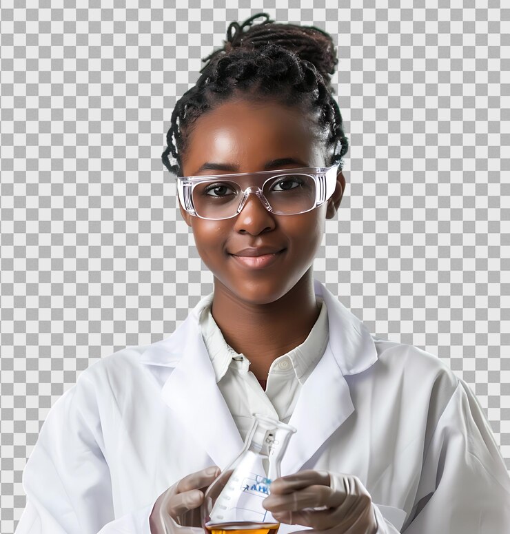 PSD joven africana vestida con una bata blanca de laboratorio y con gafas de seguridad en un fondo transparente