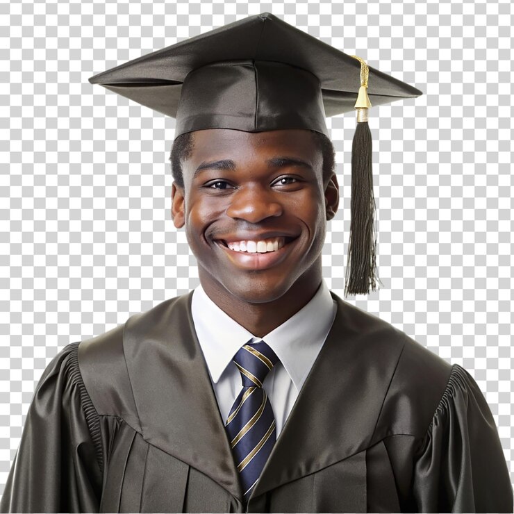PSD un joven afroamericano alegre en traje de graduación sobre un fondo transparente