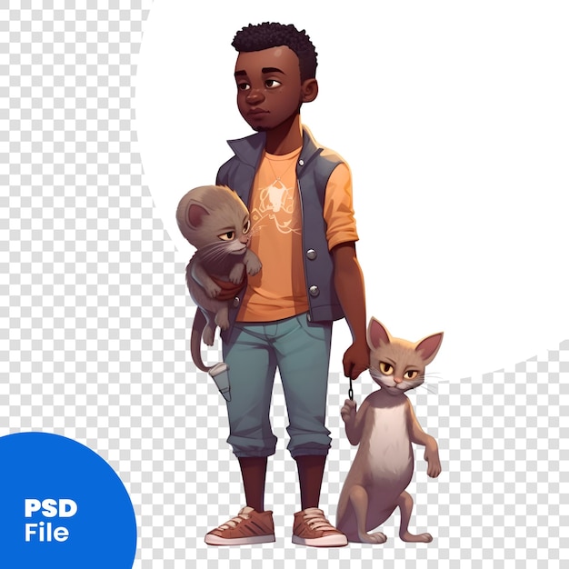PSD joven afroamericano guapo con una plantilla de psd de gato y perro