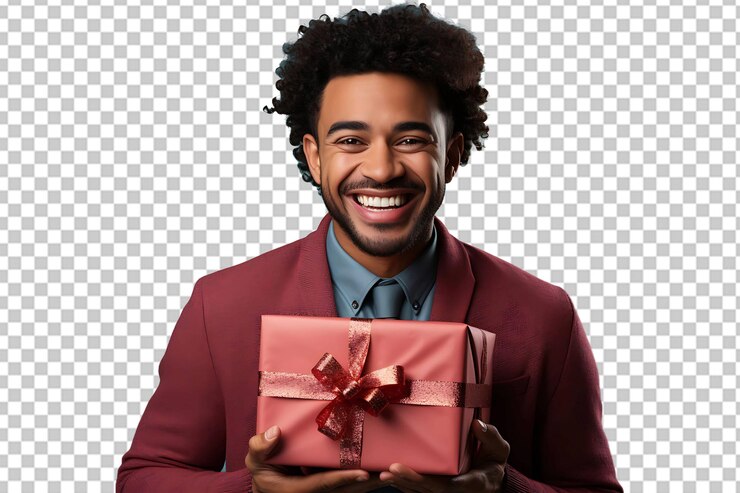PSD joven afroamericano con un regalo aislado en un fondo transparente