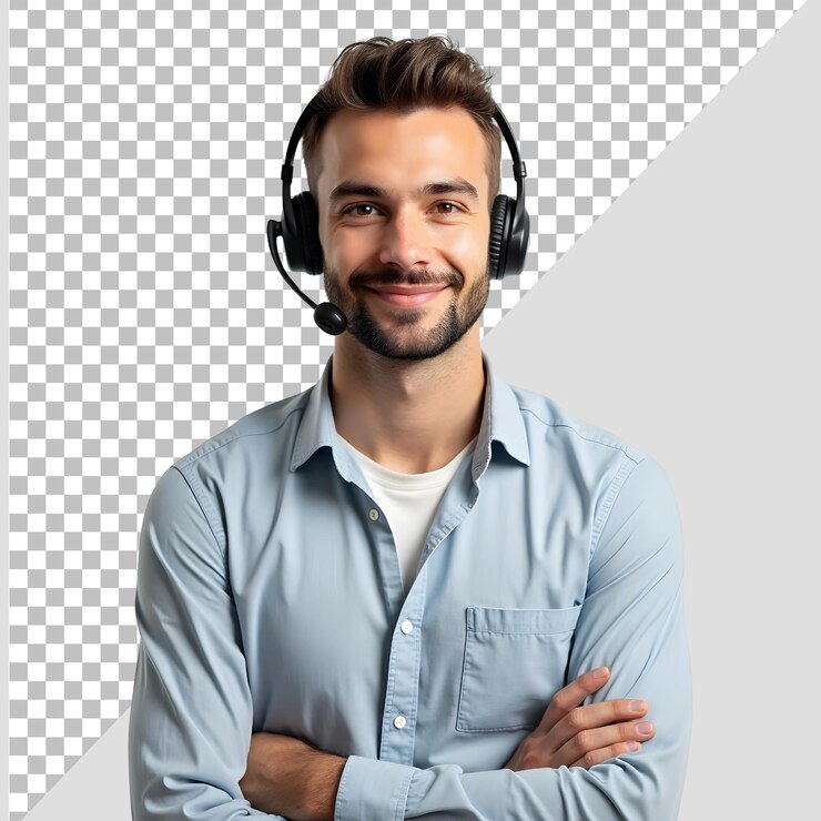 PSD joven agente de servicio al cliente aislado en un fondo transparente