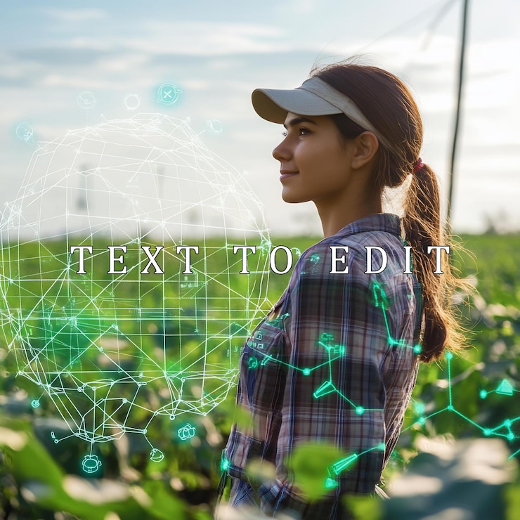 PSD joven agricultora en el campo con superposición digital