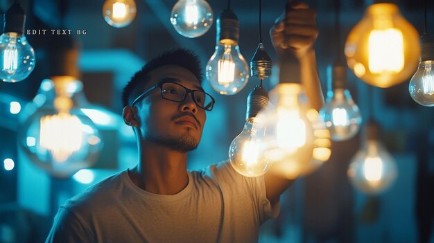Joven ajustando bombillas colgantes iluminadas por luz cálida y fría