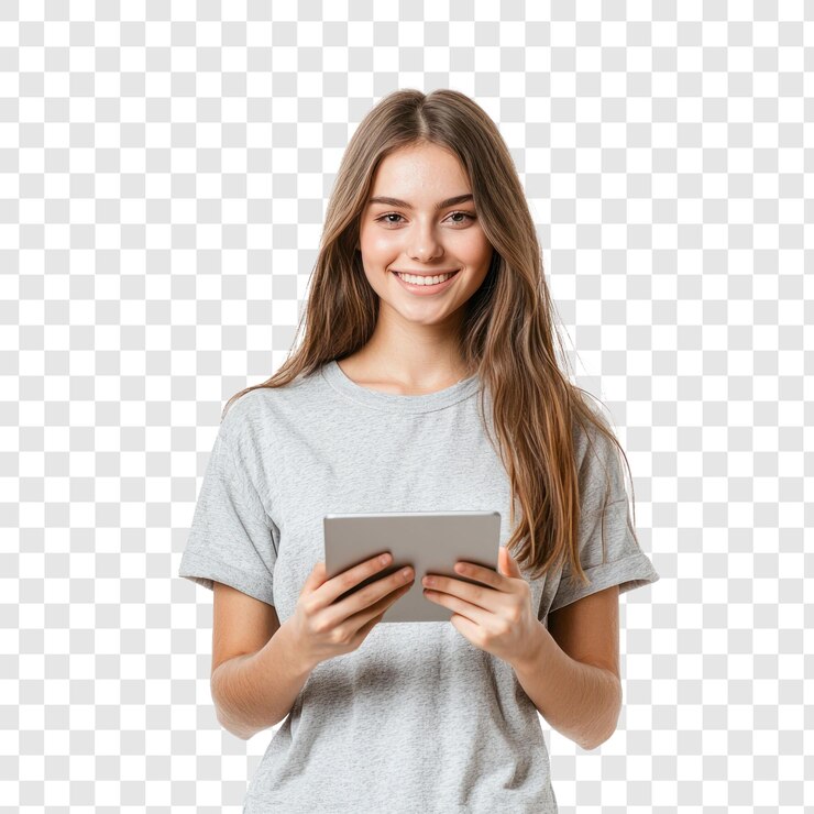 PSD una joven y alegre estudiante independiente que usa una tableta digital de pie aislada sobre un fondo transparente