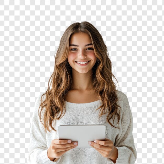 Una joven y alegre estudiante independiente que usa una tableta digital de pie en vista frontal aislada sobre un fondo transparente