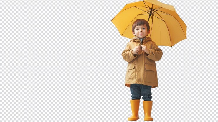 PSD joven alegre en impermeable saltando en charcos para niños 39 promociones de vestido