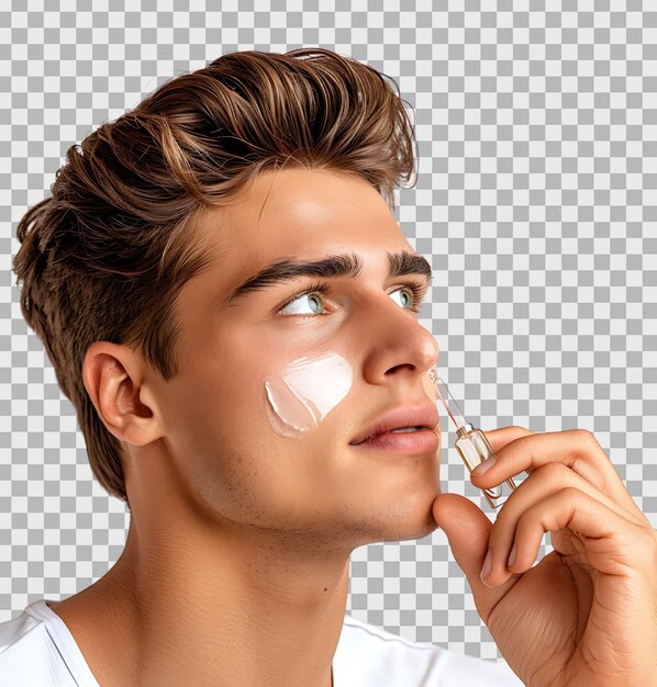 Joven aplicando suero en la cara mirando hacia otro lado en un fondo transparente aislado