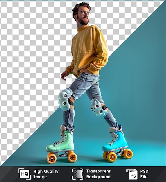 PSD un joven apuesto con patines posando en el estudio.