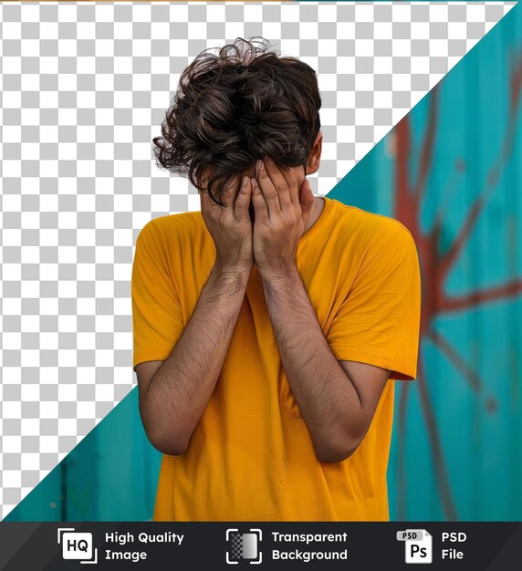 PSD joven apuesto de primera clase con camiseta amarilla de pie con expresión triste cubriendo la cara con las manos mientras llora concepto de depresión