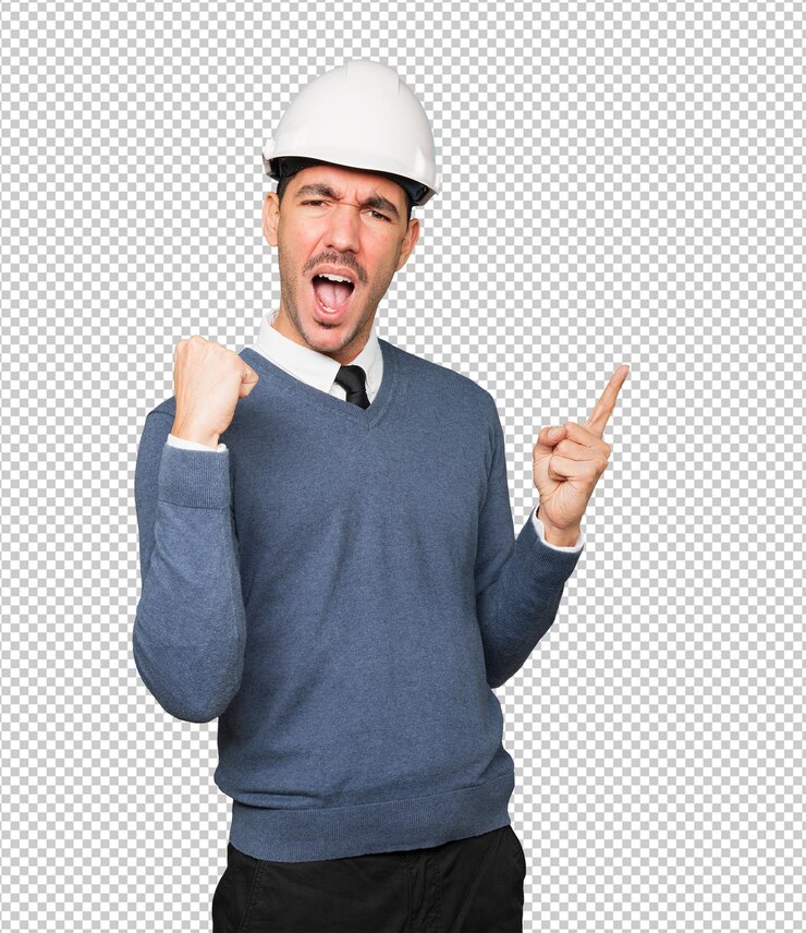 PSD joven arquitecto haciendo un gesto de celebración y apuntando con su dedo
