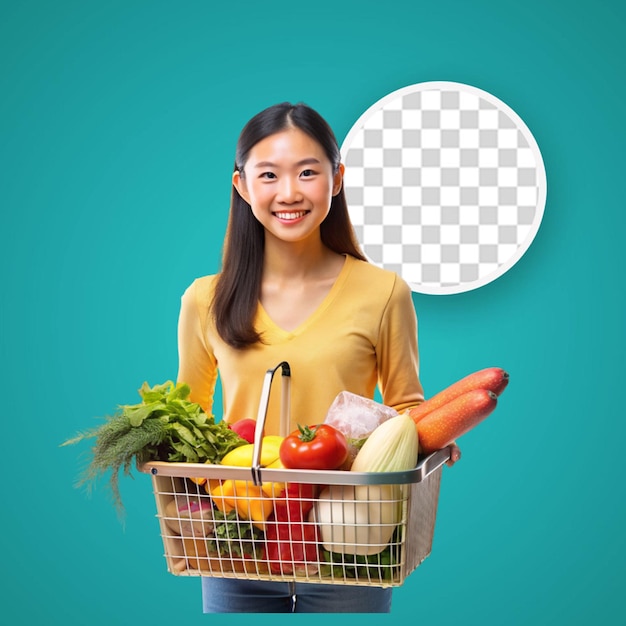 PSD joven asiática comprando comestibles en el supermercado y el carrito